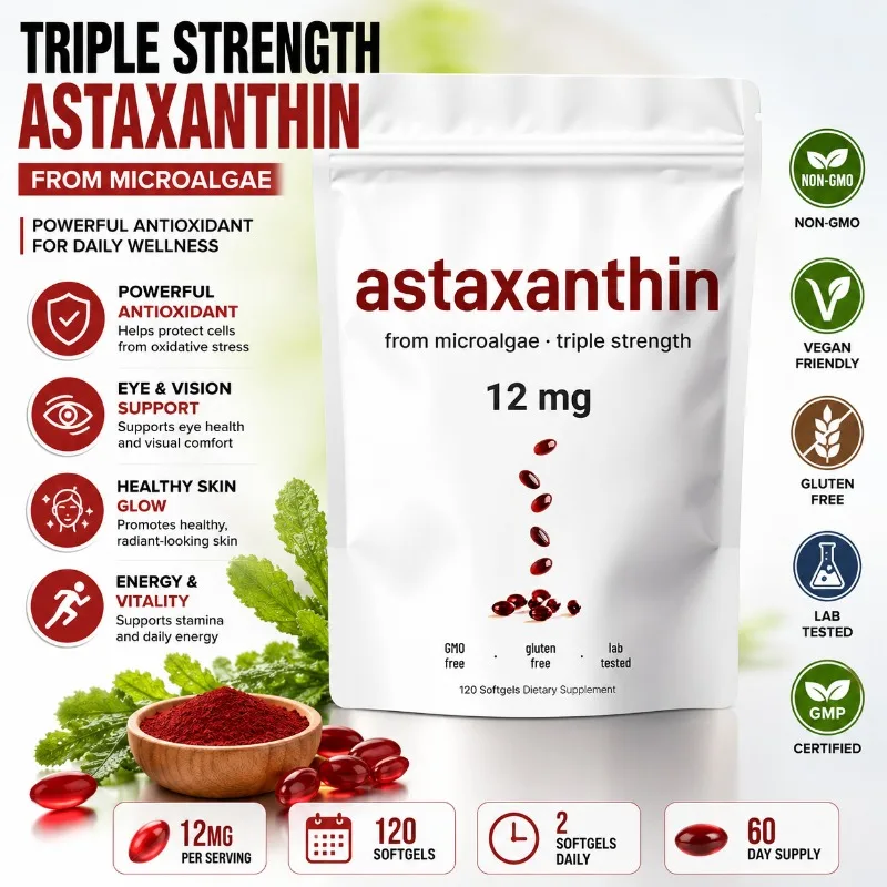 Astaxanthin Softgels 12mg with MCT Coconut Oil from Haematococcus Pluvialis Microalgae Daily Wellness Supplement 120 Count