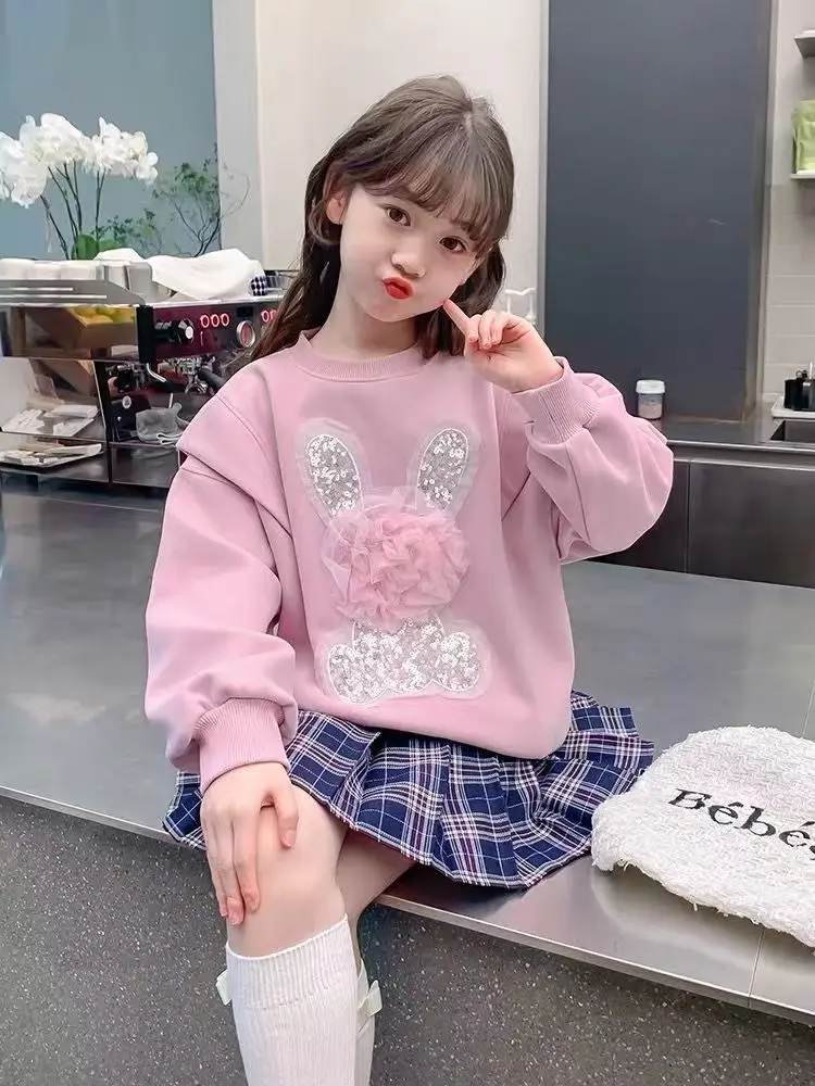 Children Clothing Cute Girls Bunny Fleece Lined Hoodie Pink Long Sleeve Fashion Trending for Girls Autumn Winter Outfit Apparel