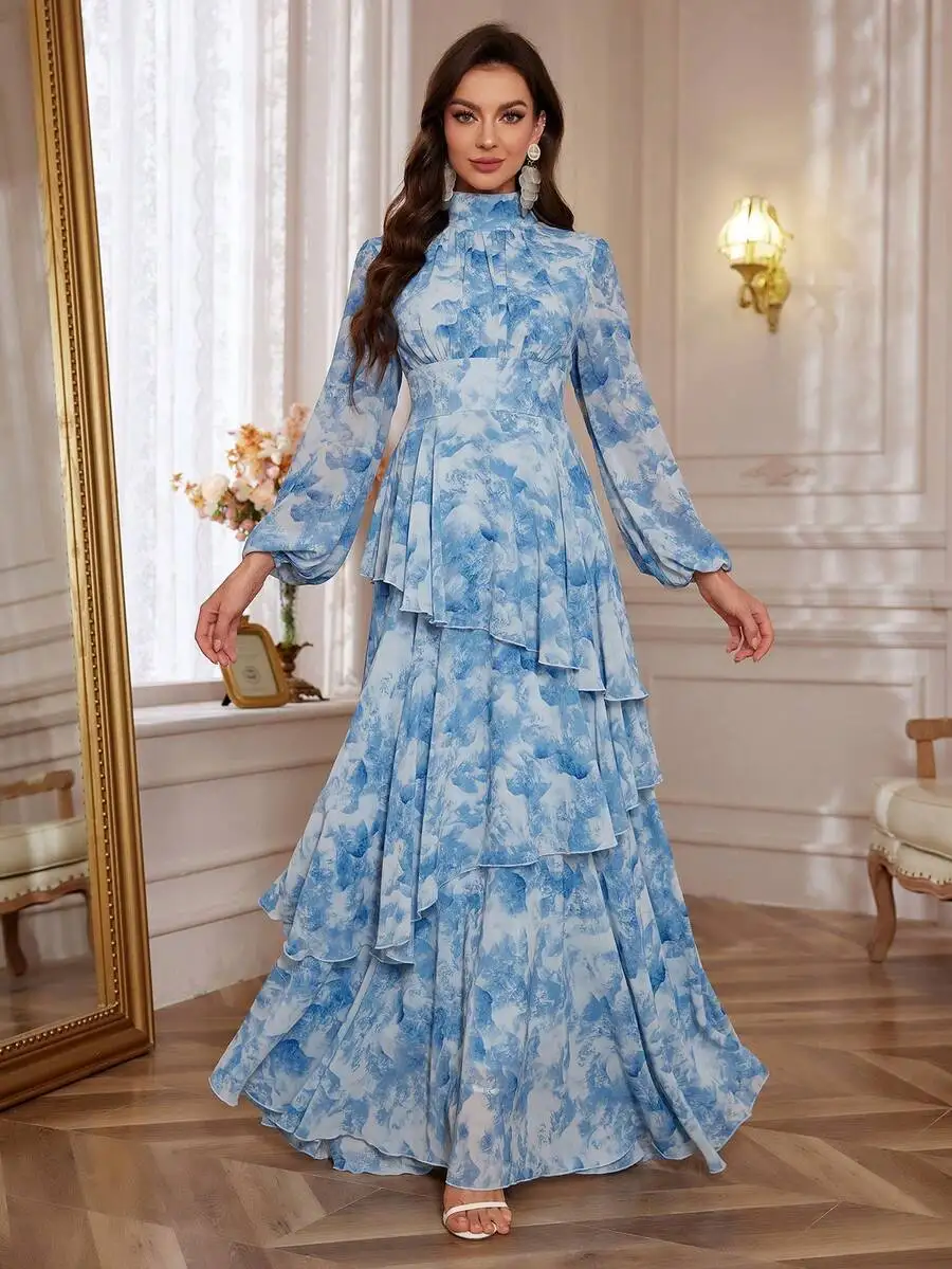 

Elegant Blue Watercolor Print Stand Collar Lantern Sleeve Ruffled Maxi Dress