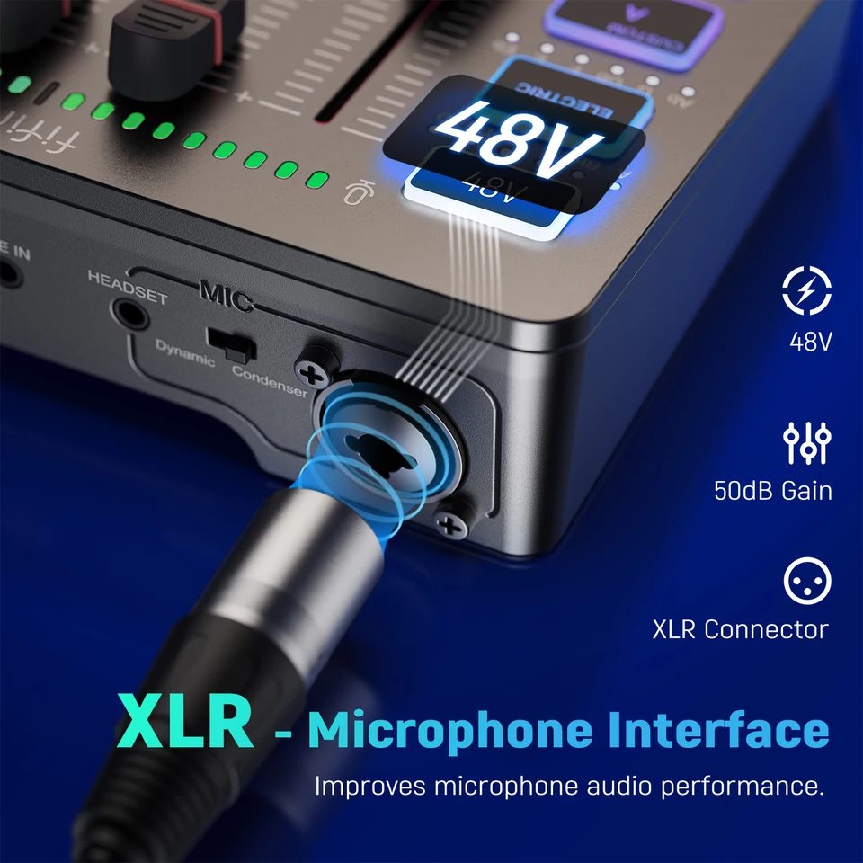 FIFINE ゲーミングオーディオミキサー、XLRマイクインターフェイス付き