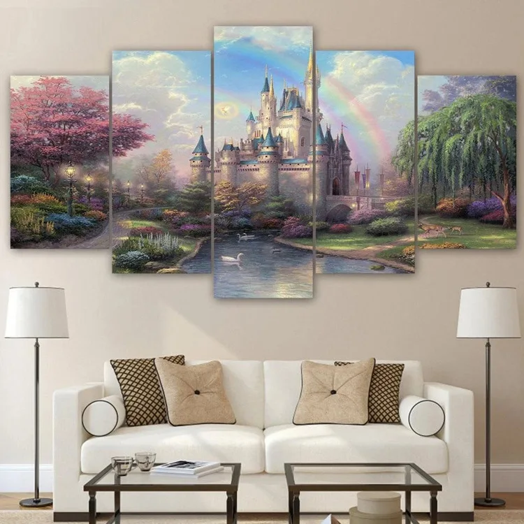 

100CM framed decorative painting, printed poster, 5-pack castle building, home decoration painting poster, countryside castle