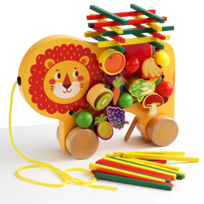 Wooden Balance Stacking Toy DIY Cartoon Fruit Animal Stringing Threading Beads Block Montessori Children Education Toys