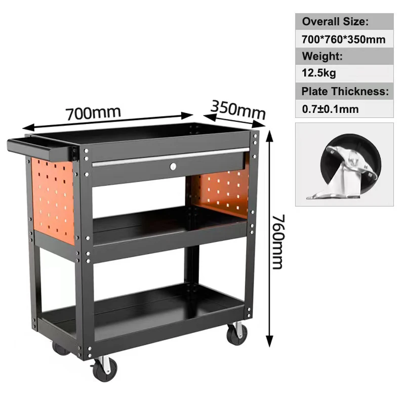 3 Tier Rolling Tool Utility Cart Heavy Duty Workshop Mobile Wheeled Car Electrician Hardware Cart With Drawer Hooks Tool Trolley