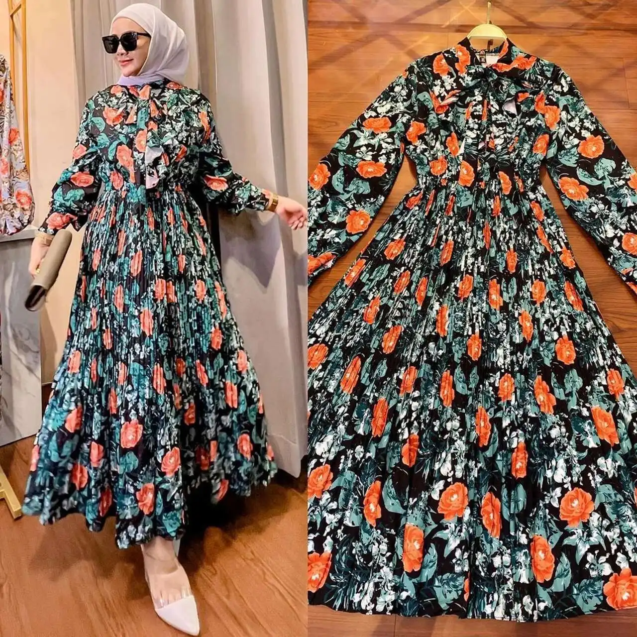 M212 #   Robe d'été pour femmes musulmanes, nouvelle Robe imprimée malais indonésienne, jupe à volants, Abaya, Ramadan, dubaï, luxe, Islam élégant