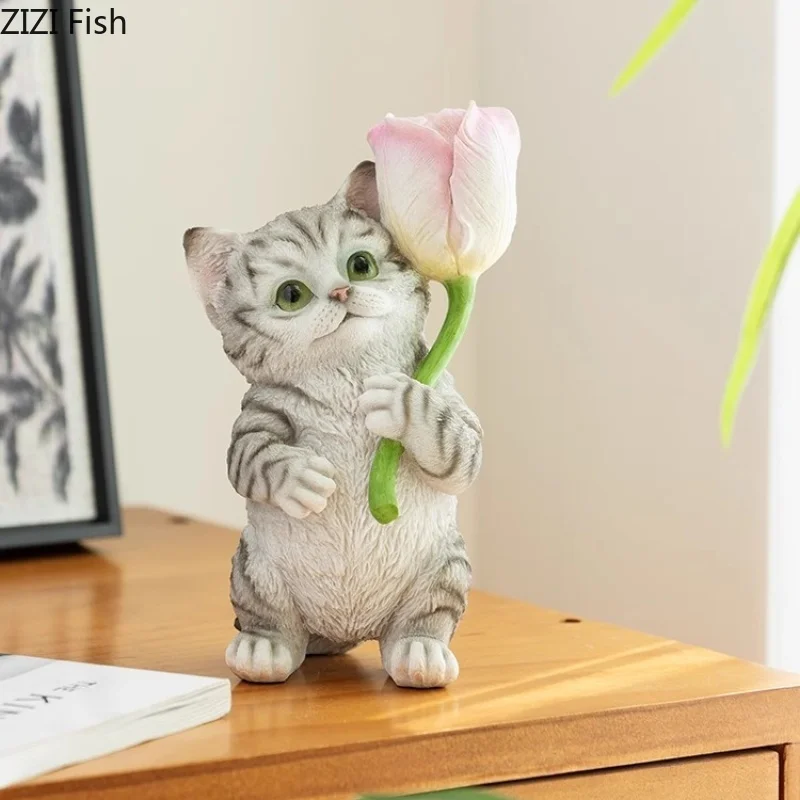 

Flower Cat Ornament Resin Animal Sculpture Living Room Display Simulated Cat Statue Miniatures Figurines Decoration Crafts
