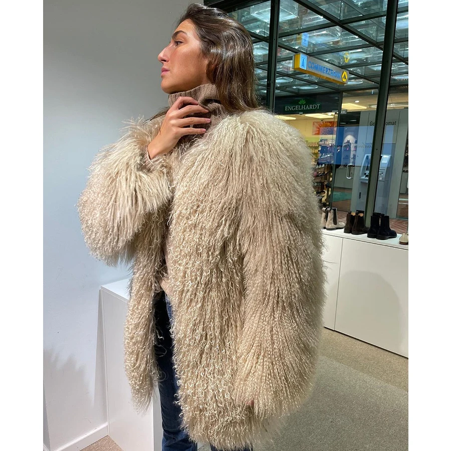 Women Lamb Fur Coat Mongolia Sheep Fur Coat With Round Collar Mid-Length Winter Real Fur Jacket 2024