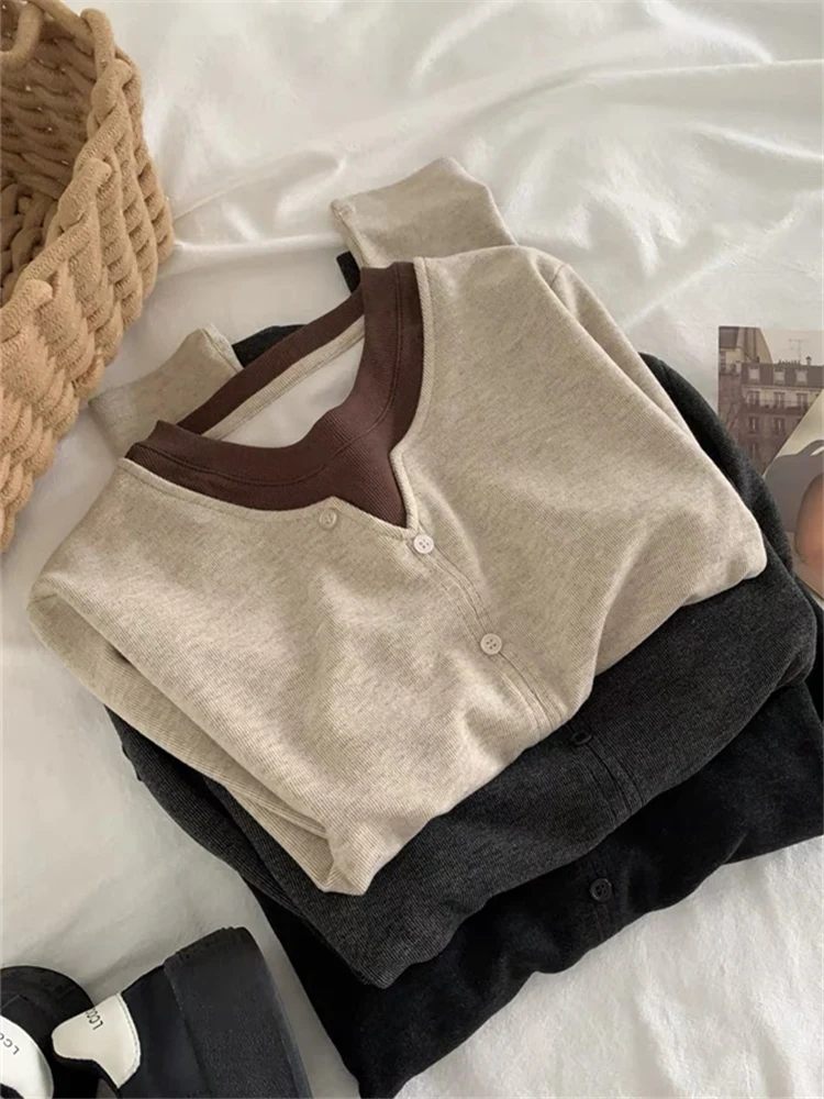 Cseta hoada de manga larga para mujer, diseño falso de dos piezas, ropa interior informal de bloque de Color, cseta d...