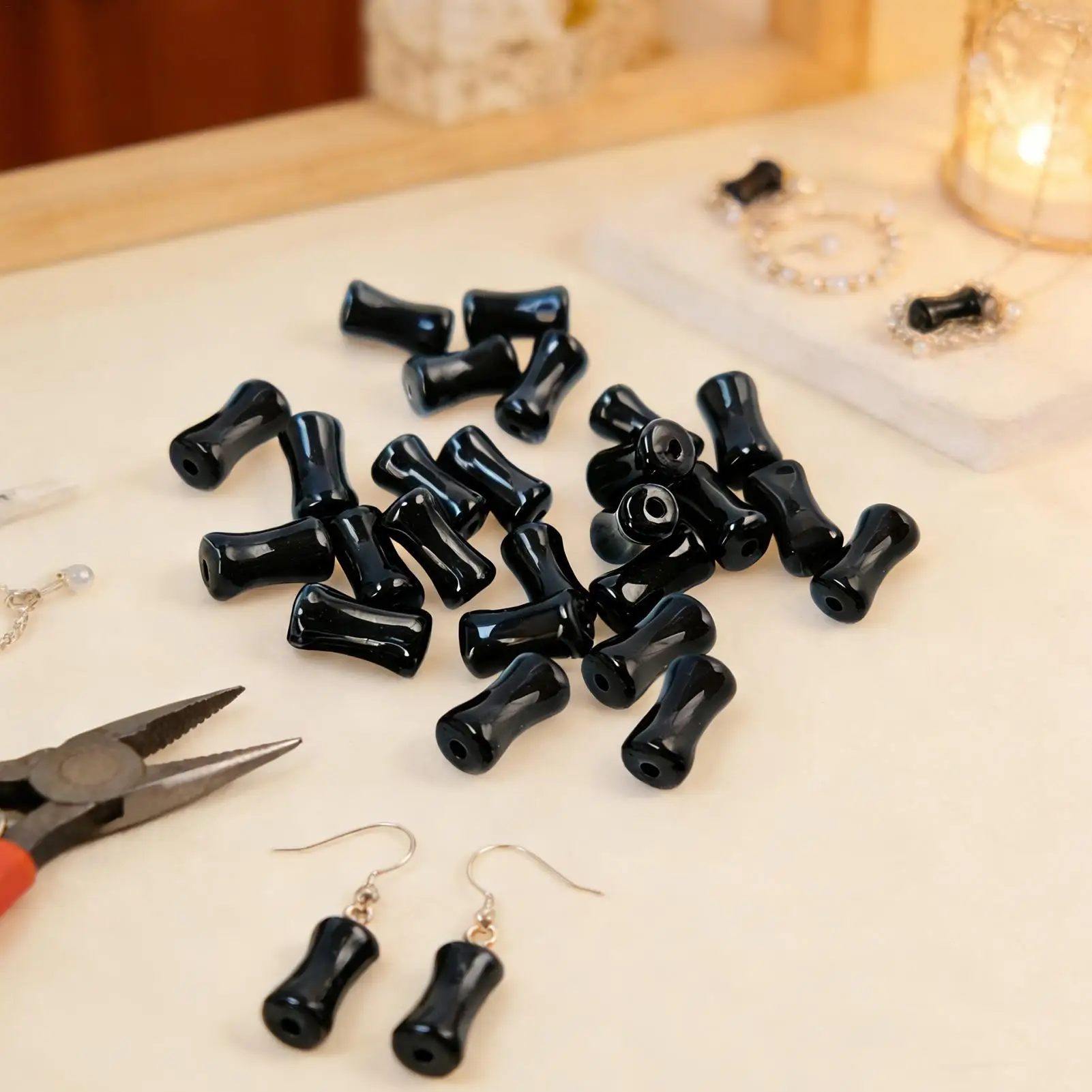 Bamboo Shaped Glass Beads 8mm Black Agate Stone Beads Craft Loose Beads Reusable DIY Ornament For Necklace Bracelet Earring