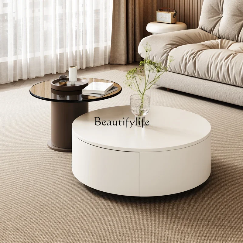 New Cream Wind Round Coffee Table Combination Simple Modern Household Wabi Sabi Wind Size Round Combination