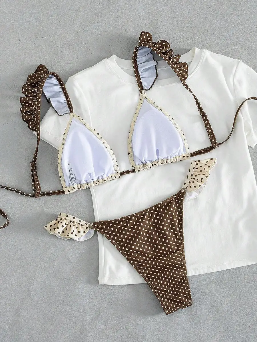 

Womens Brown Polka Dot Ruffle Trim Triangle Bikini Set With Tie Back