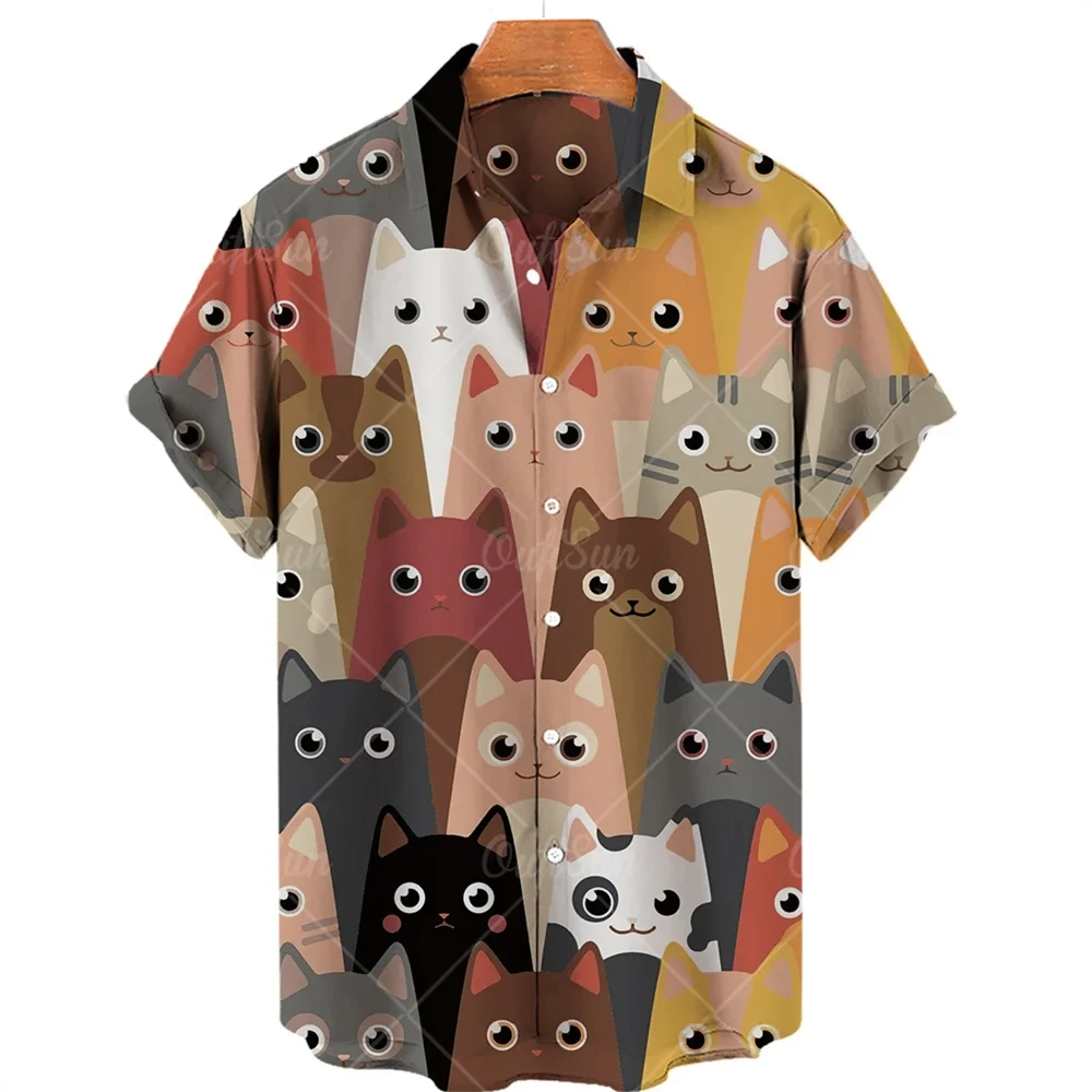 Camisa masculina e feminina Animal Cat com estampa 3D, moda casual, mangas curtas, lapela de botão, streetwear, roupas unissex extragrande