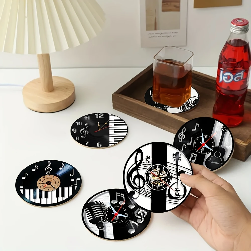 Juego de 6 posavasos de madera con reloj Musical 2D, antideslizantes, resistentes al calor, corredor de mesa, hogar, oficina, cafetería, Bar, cocina, restaurante, decoración