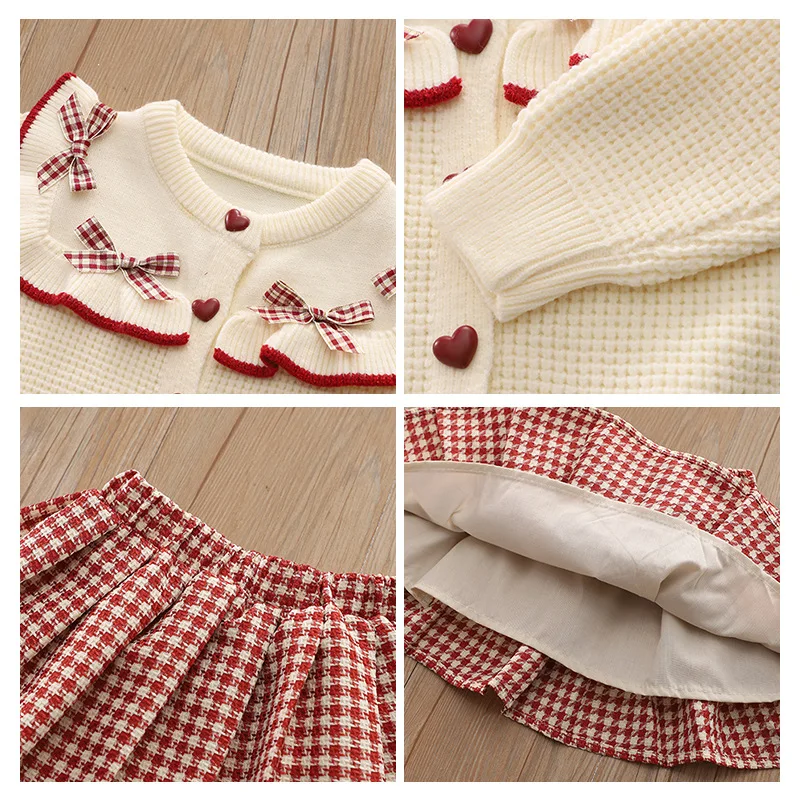 Autumn Winter Infant Girl 2PCS Clothes Set Love Button Bow Knitted Cardigan Full One Year Baby Girl Plaid Pleated Skirts Outfits