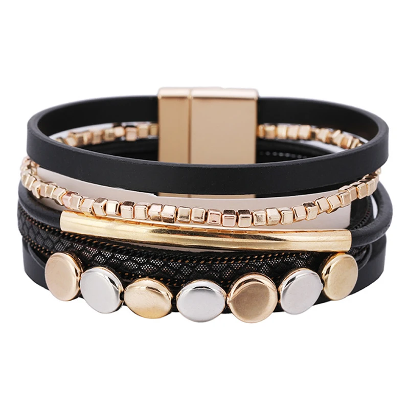 WYBU Summer Beach Style Magnetic Suction Bracelet Femme Retro Hardware Brass Accessory Leather Bracelet for Women Jewelry Gift