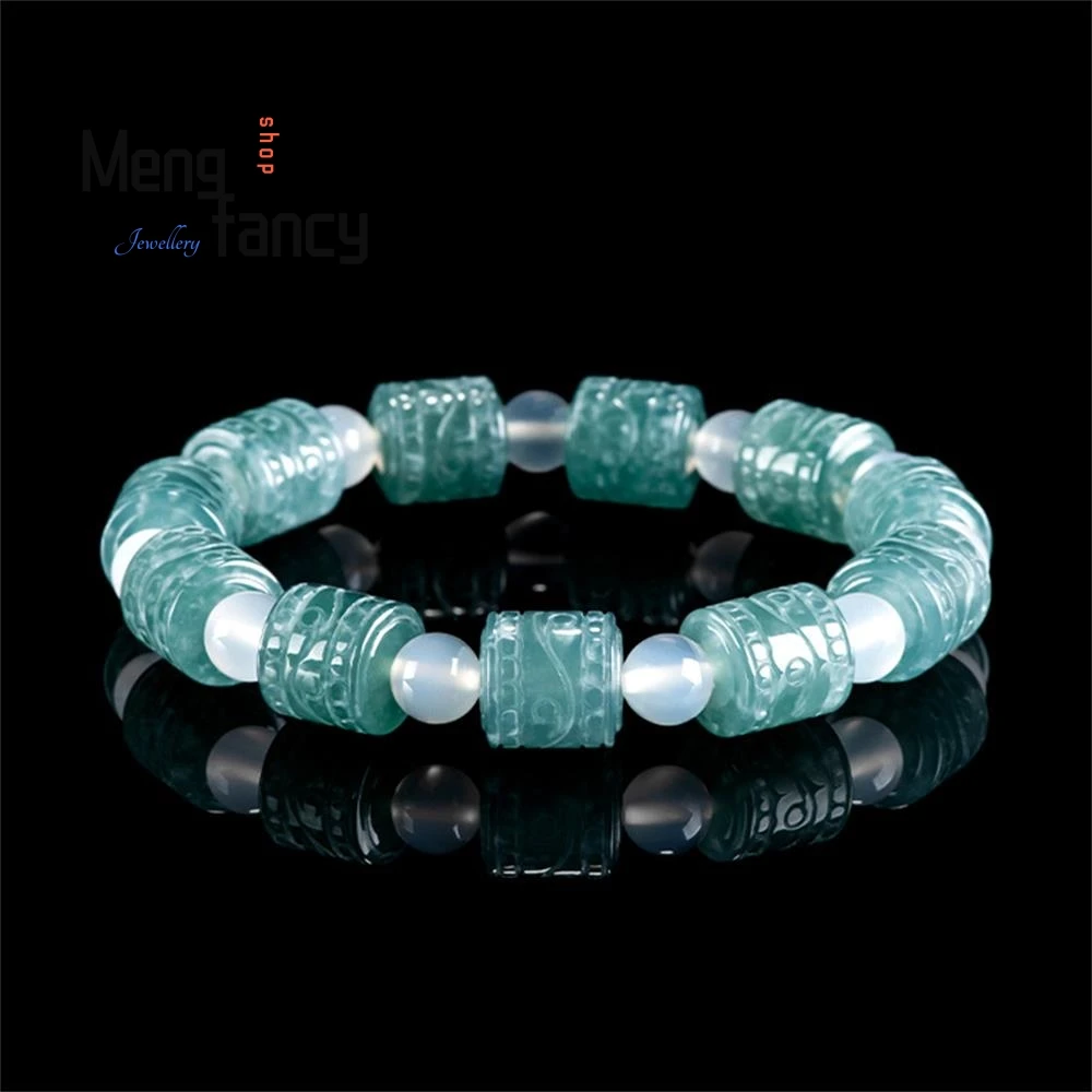 

Natural Jdeite Blue Water Carved Flowers Barrel Beads Lutong String Ice Jade Beads Bracelet High-grade Men And Women Models