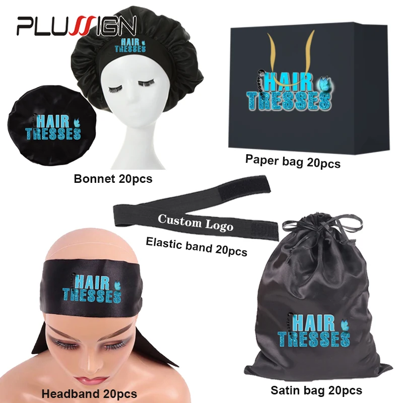 Custom Logo 100Pcs Satin Drawstring Bag For Wig Storage Edges Wrap Hair Care Bonnet Elastic Band For Wigs Hair Packaging Bags