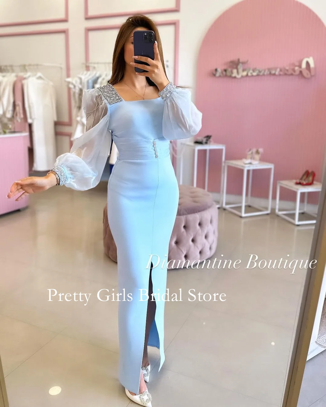 

OEING Arabic Style Vintage Square Neck Crepe Satin Evening Dresses Long Sleeves Beading Formal Prom Growns Party Women Bride