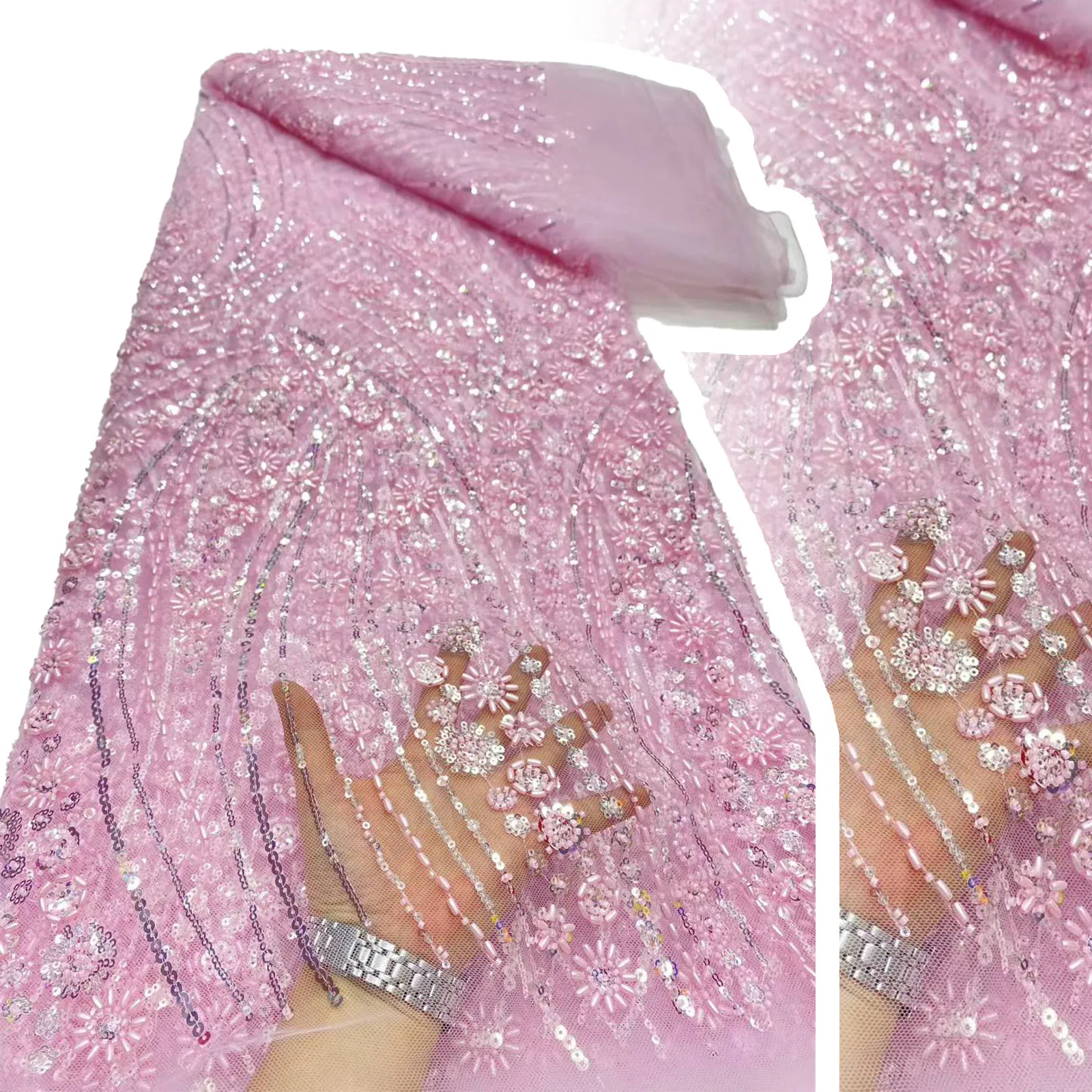

Pink African Heavy Beaded Lace Fabric 2025 High Quality French Nigerian Beads Embroidery Groom Tulle Lace Fabric Evening Gowns