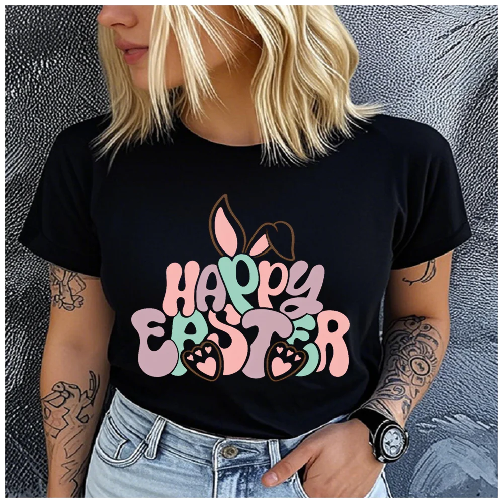 

Unisex 100% Cotton HAPPY EASTER Print Loose round Neck Short Sleeve Fashion Summer Top for Astrology Lovers