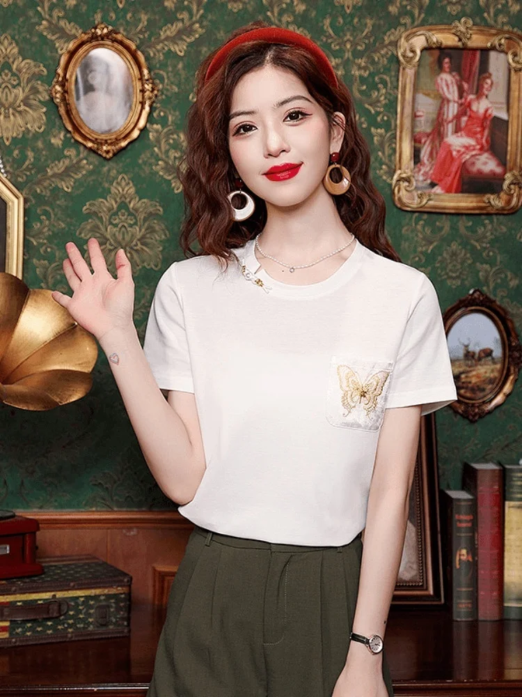 

2024 Faion Embroidered round Ne ort Sve T-irt Women's Summer Casual Slimming Design Versatile Korean Sle Top