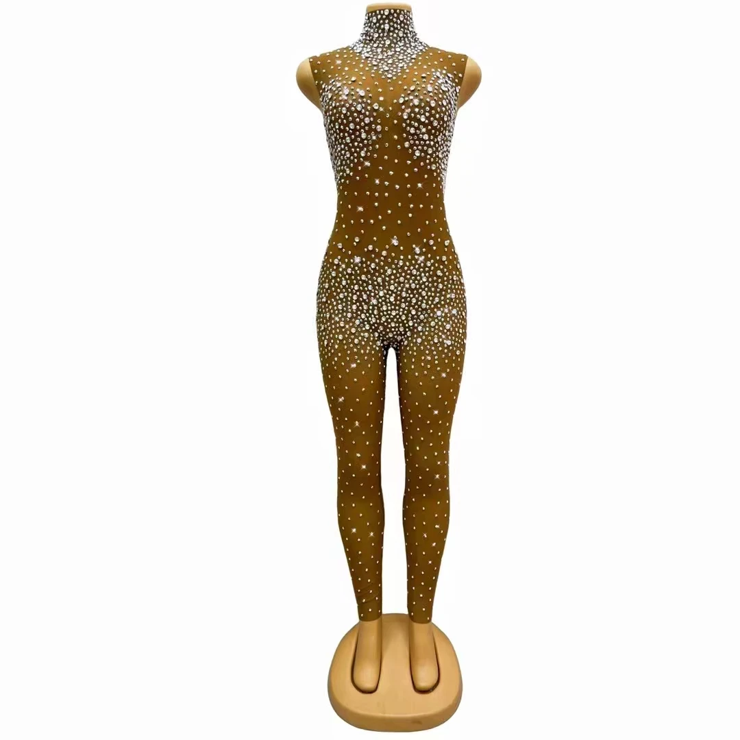 

Sexy Long Jumpsuit Women's Mesh Crystal Rhinestone Brown Evening Cress Celebration Fashion Slim Fit Dance Platform Suit Shiny