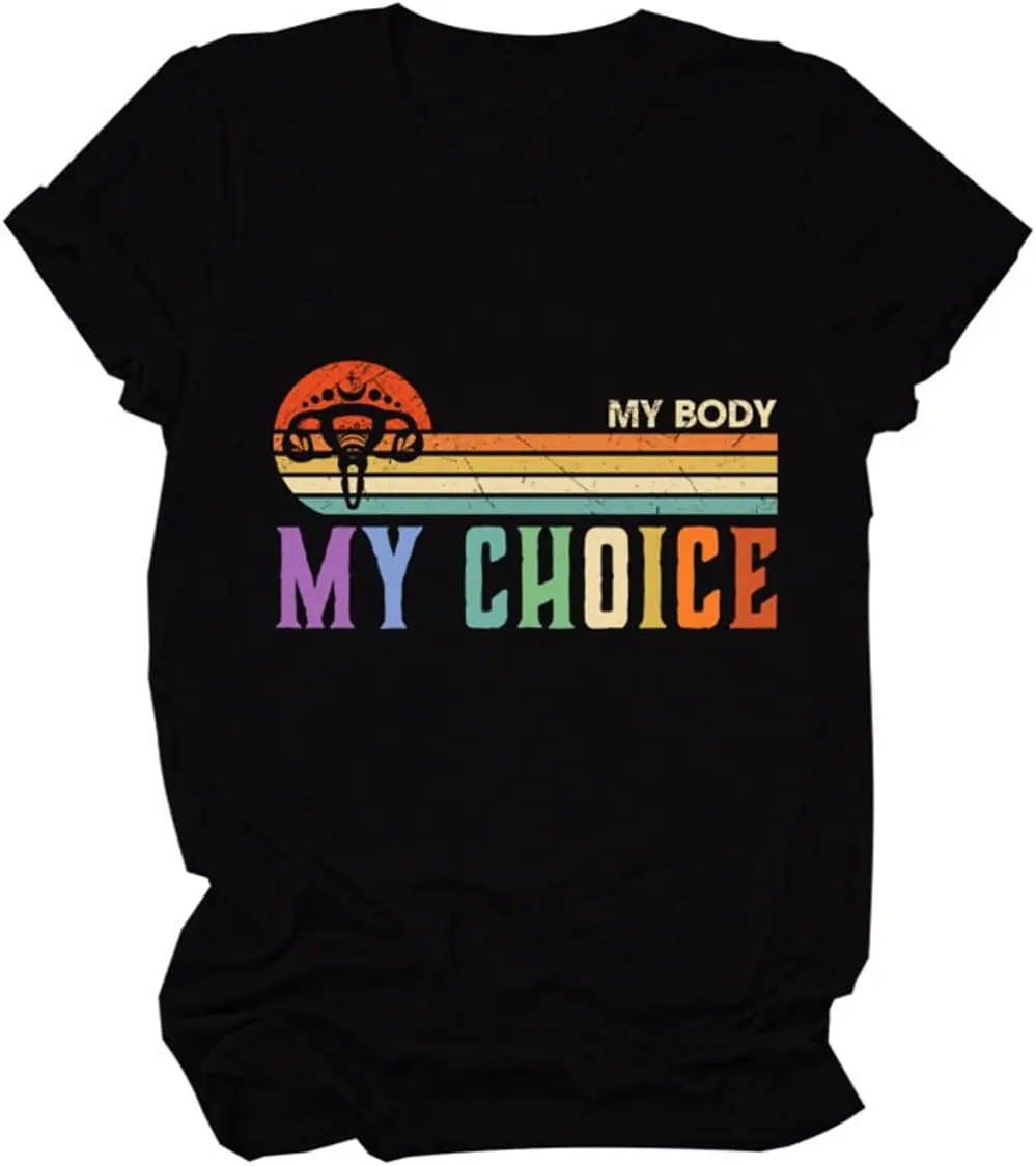 My Body My Choice Tees Shirt Women Funny Rainbow Uterus Graphic Feminist T-Shirt Tops Aesthetic Vintage Tshirts