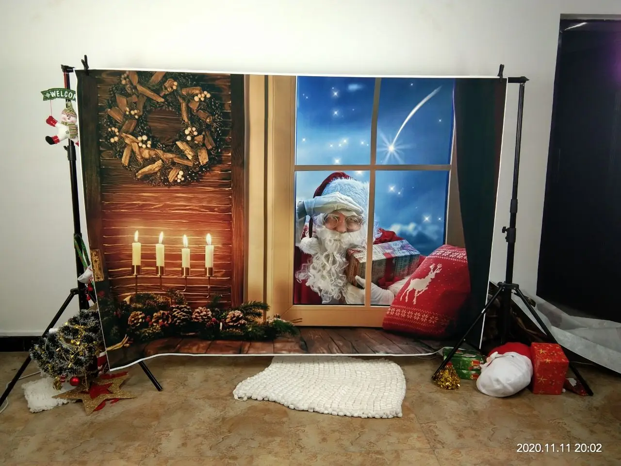 Christmas Backdrop Window Fireplace Xmas Tree Gift Winter Snow Sock Baby Portrait Photography Background Decor For Photo Studio