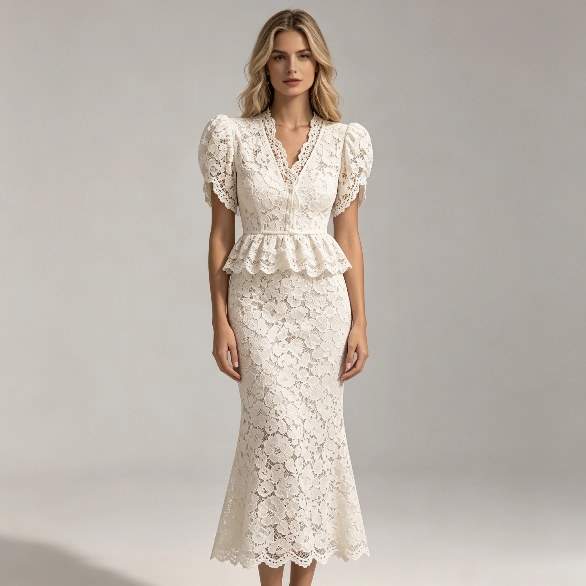 Customized Exquisite V Neck Puff Short Sleeves Wedding Dresses 2026 High Quality Two Piece Lace Sheath Ankle Length Bridal Gowns