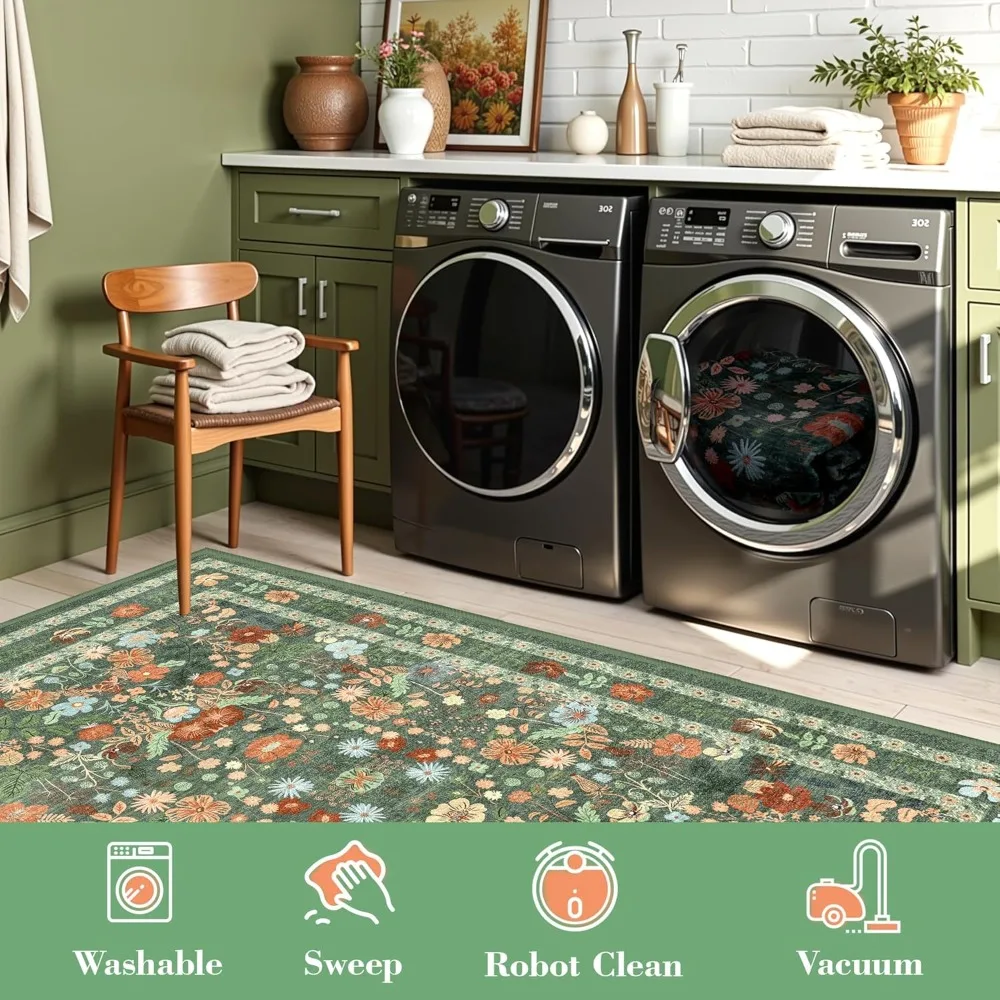 Herten Groene Wasbare Bloementapijten 8x10 Grote Vintage Boho Antislip Woonkamertapijt Zacht Laag Stapel Dunne Slaapkamer Vloermat Indoo