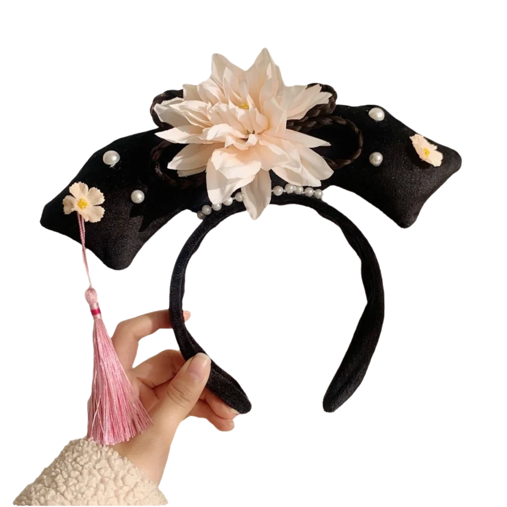 

Классический головной убор со стразами в древнем стиле, жемчужный цветок, обруч для волос ханьфу, античная ткань, повязка на голову в китайском стиле, фестиваль