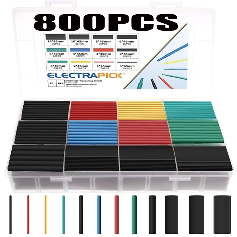 800pcs Assortment Electronic 2:1 Wrap Wire Cable Insulated Polyolefin Heat Shrink Tube Ratio Tubing Insulation