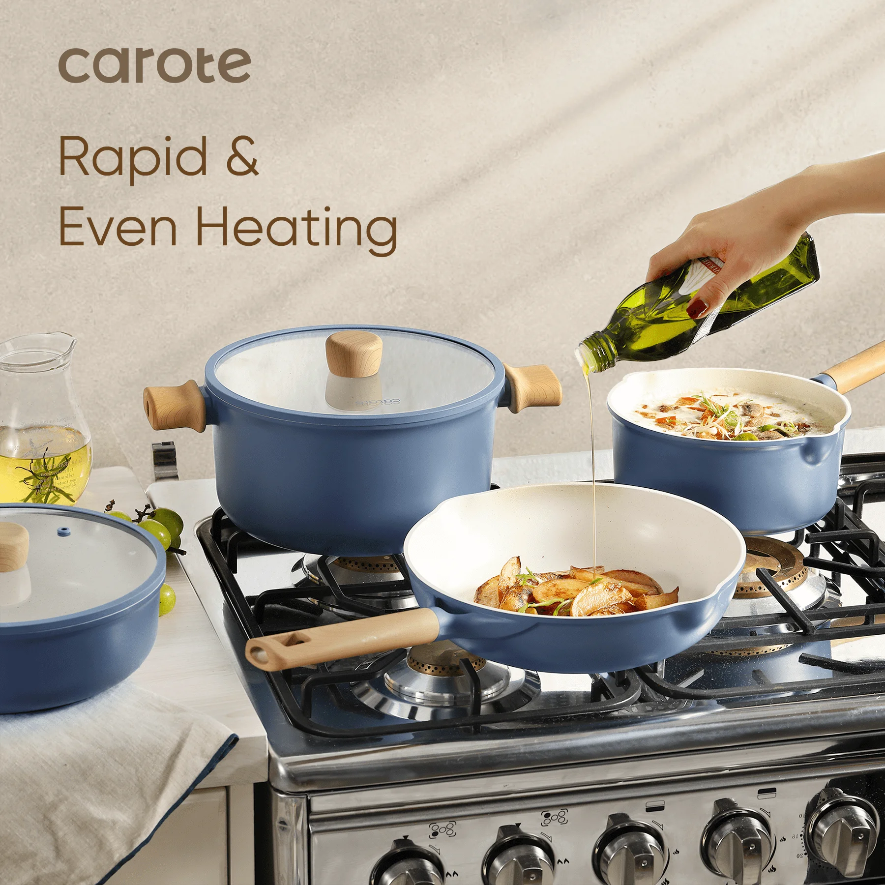 Carote Nonstick Cookware Sets, 15 Pcs Granite Non Stick Pots and Pans Set, Induction Cookware, Blue