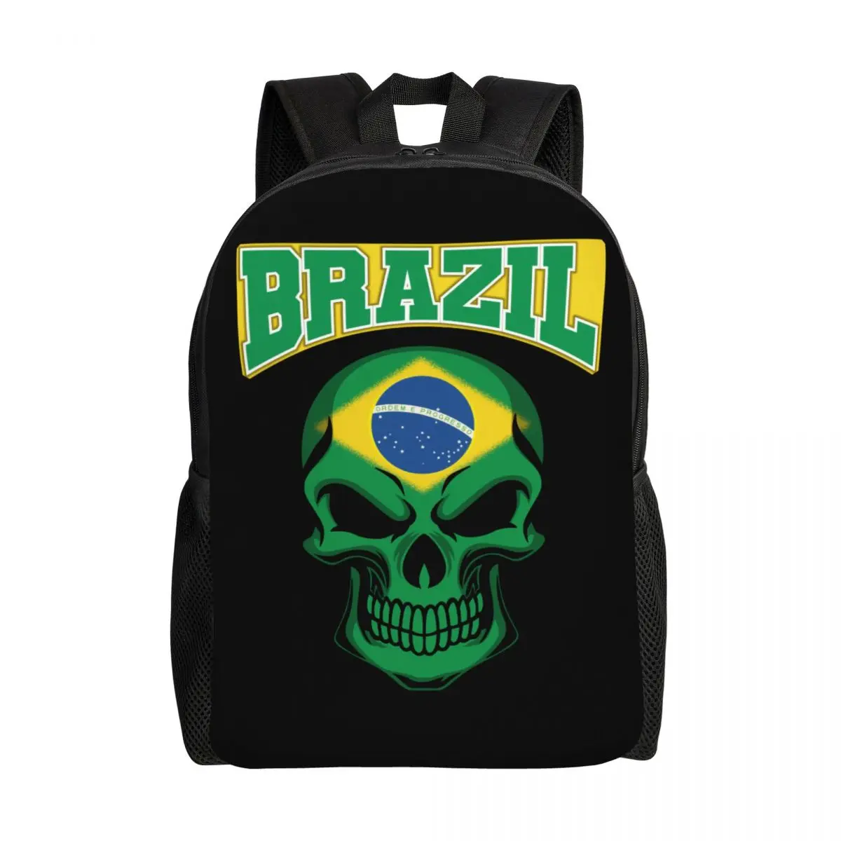 

Custom Flag Of Brazil On Skull Emblem Backpacks for Women Men Waterproof School College Brazulian Flag Bag Printing Bookbags