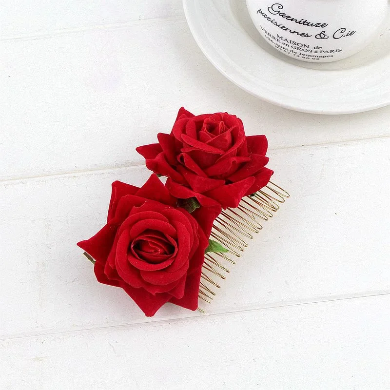 Romantic Fancy Double Silk Artificial Rose Flower Hair Comb Purple Red Hair Clip Wedding Bridal Lady Prom Headpiece Headwear