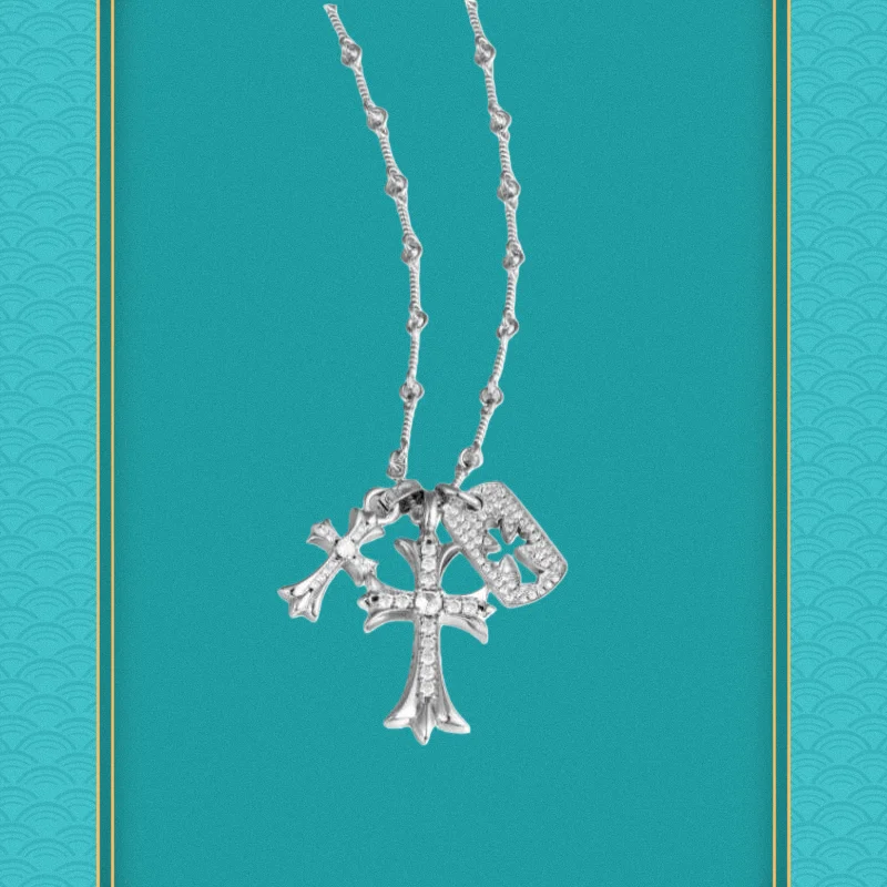 

Glamorous Silver Beaded Chain Necklace with Sparkling Cross & Tag Pendants