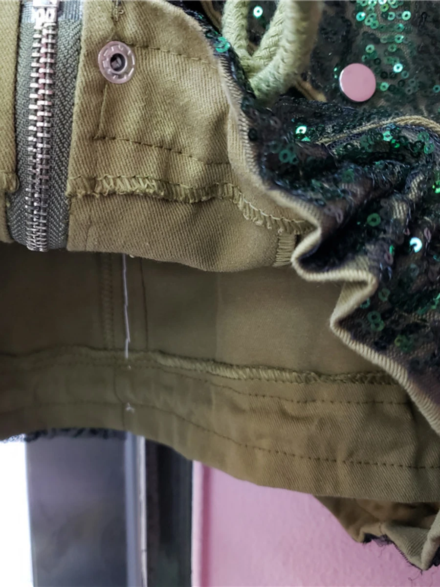 Industria pesante verde paillettes tuta giacca donna 2023 primavera autunno nuove donne vestiti di alta qualità grande tasca corta cappotto marea