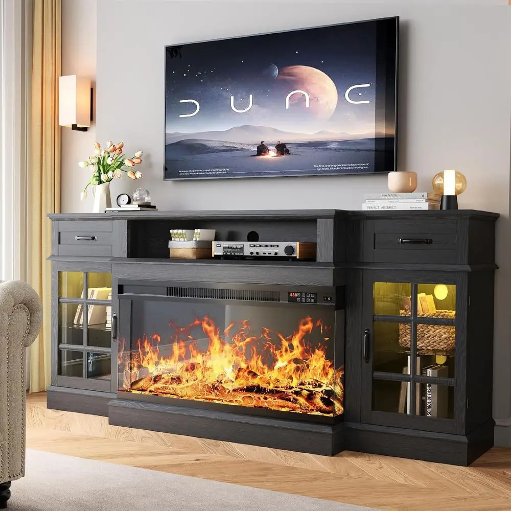 

70 Three-Sided Glass TV Stand, Wooden Entertainment Center with LED Lights and Glass Doors, 36 TV Stands for Living Room, Black