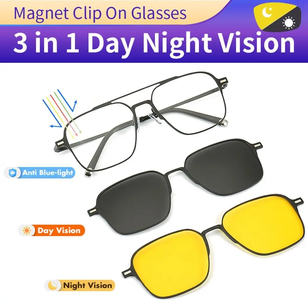 3 In 1 Glasses UV400 Metal Clips Magnetic Glasses Night Vision with Magnet Clip On Sunglasses Computer Anti Blue Light Glasses