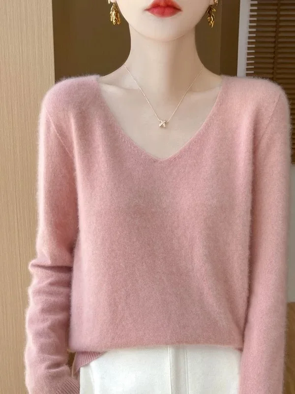 

Мягкий уютный свитер с V-образным вырезом из чистой шерсти, женский свободный вязаный топ, весна-осень, комфортный, теплый, модный, повседневный, приятный к телу
