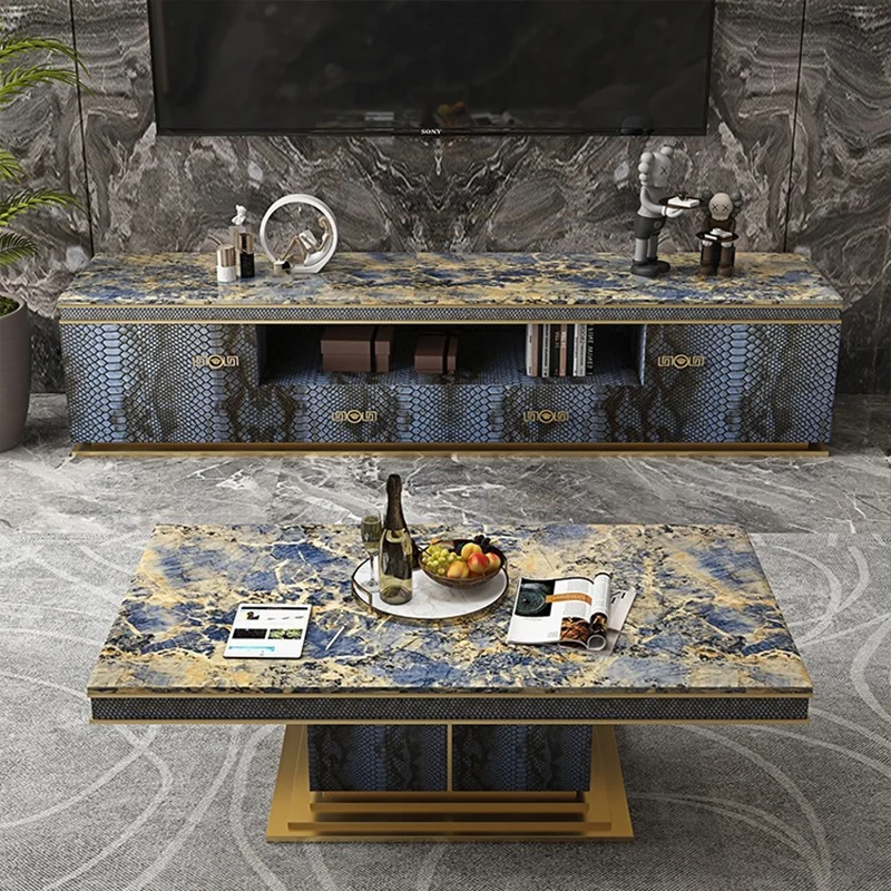 #￥MR Italian Light Luxury Living Room Stainless Steel Base Natural Luxury Marble Coffee Table TV Cabinet for Home Villa Hotel