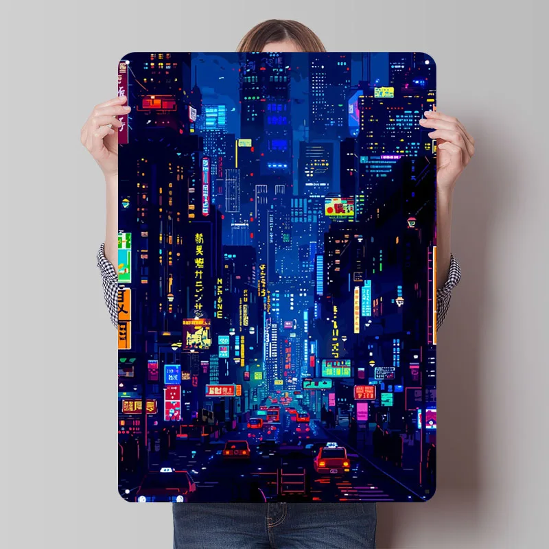 

City Night Cybepunk Tinplate Sign Neon Poster Man Cave Customizable Metal Signs for Home Room Wall Art Bathroom Decor Retro Men