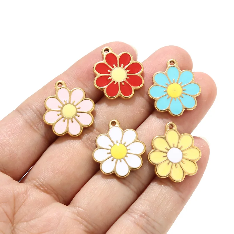 

5pcs Stainless Steel 18K Gold Enamel Daisy Flower Charms for Necklaces Pendants Earrings DIY Colorful Charms Jewelry Findings