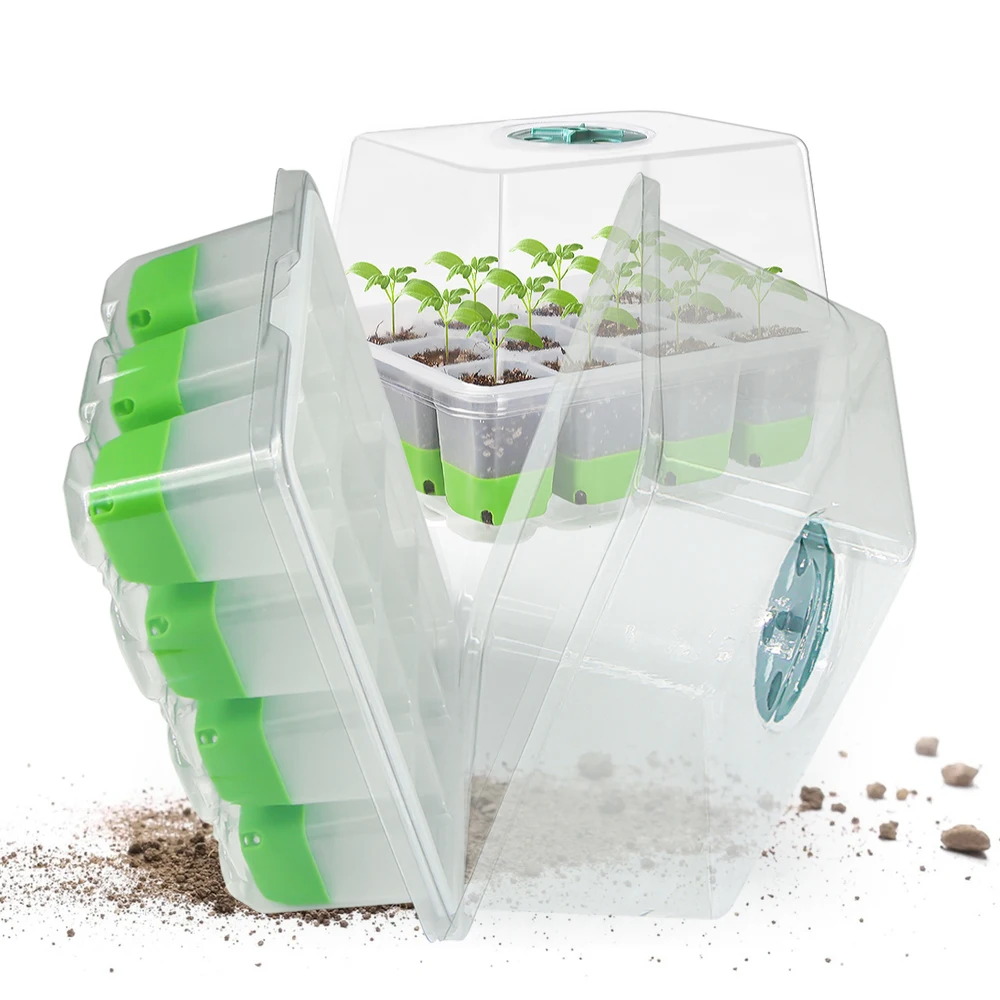 Seed Starter Tray with Transparent Cover & Adjustable Vents 12-Cell Flexible TPE for Seedling Transplanting Indoor Germination