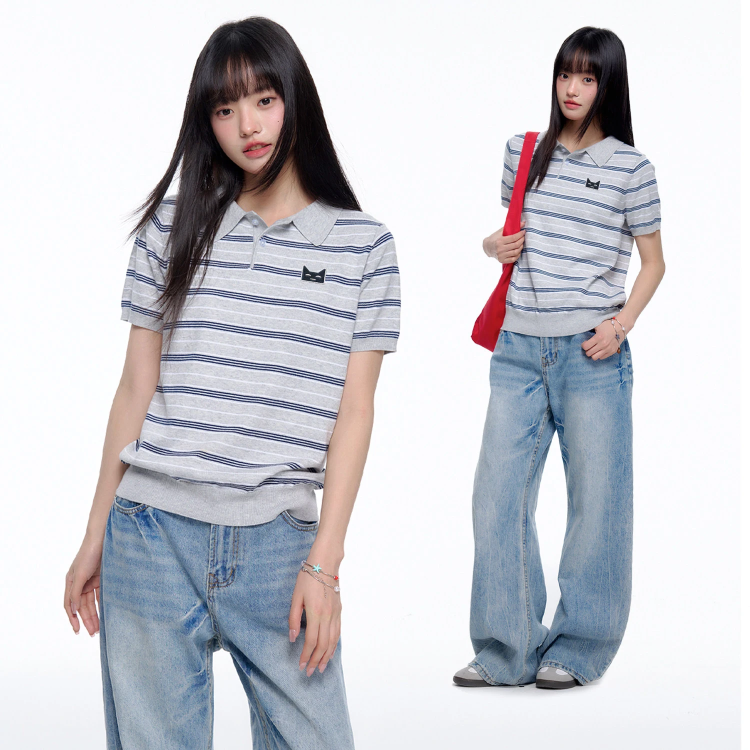 

New Striped Embroidered Women T-Shirt Contrast Colors Slim Casual Polo Collar Woman T-Shirt Simple Basic Fashion Street Top Chic