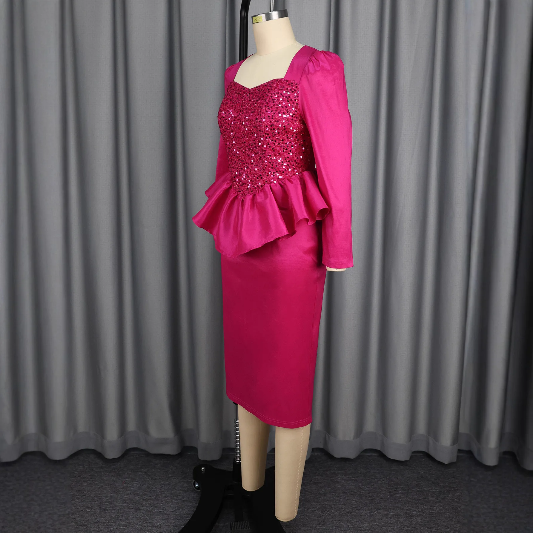 فساتين سهرة للحفلات الأفريقية ترتر للنساء موضة الخريف بأكمام طويلة وياقة مربعة فستان ميدي ملابس أفريقيا