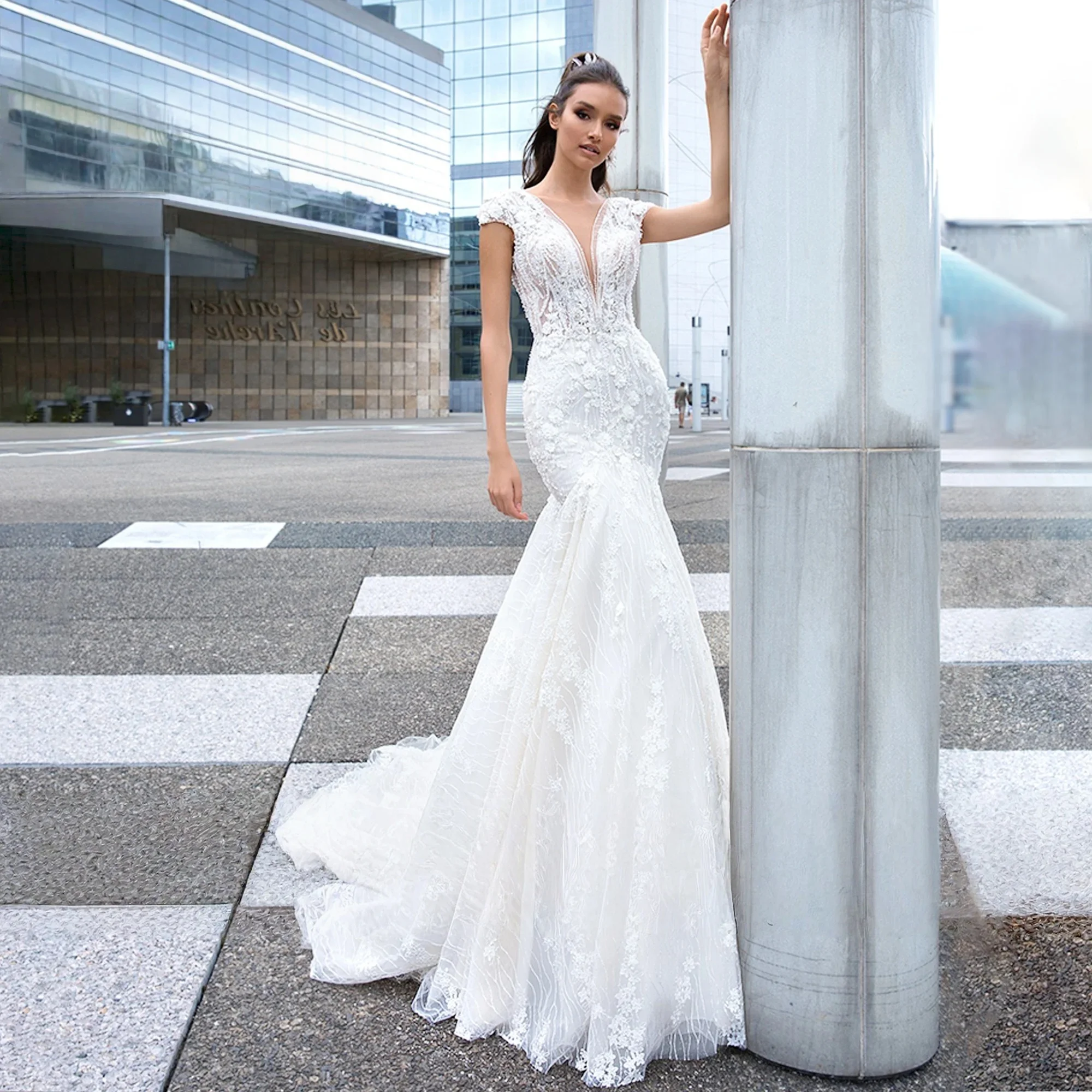 

Lace Wedding Dresses Mermaid Cap Sleeves Backless Boho Bridal Gown Saudi Arabic Dubai Islamic Vestido De Noiva Customized