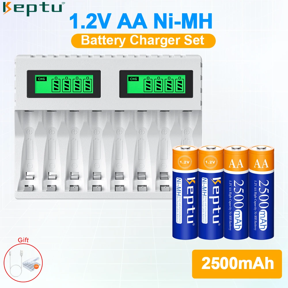 Ni-MH аккумулятор KEPTU AA, 2500 мАч, аккумуляторная батарея типа АА + 8 слотов, 1,2 В, AA/AAA, быстрое зарядное устройство для микрофонной клавиатуры