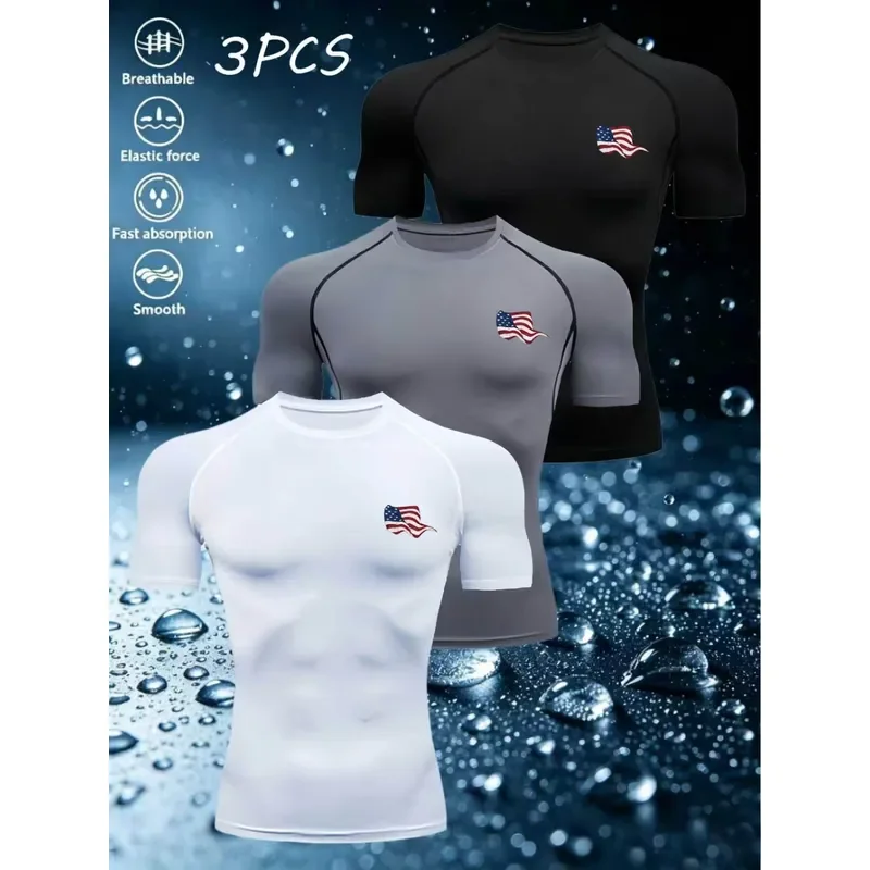 3-Pack Men's Sports Compression Short Sleeve T-Shirts Quick-Drying Breathable Fabric with Stylish American Print High-Elastic