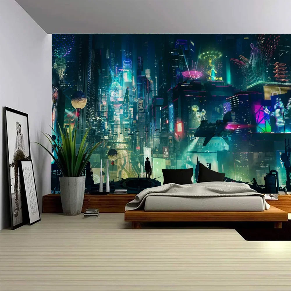 Urban night view tapestry, wall hanging cloth, hippie wall decoration, living room, bedroom, Bohemian home aesthetic decoration