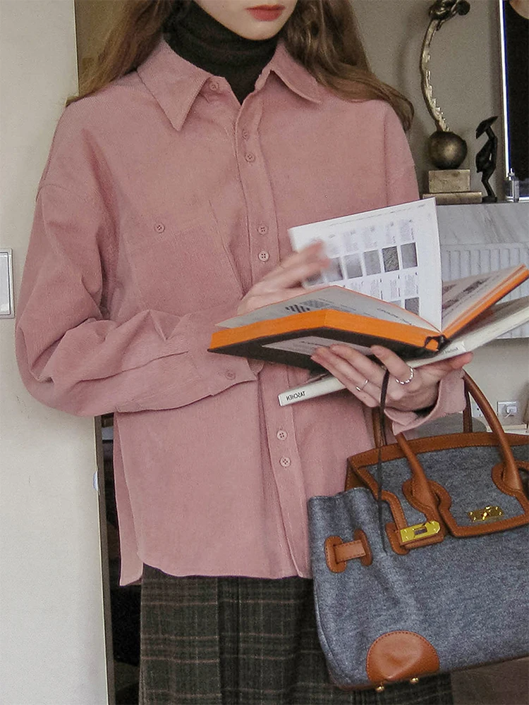 

Pink Corduroy Fleece Women's Shirt Vintage Style Layering Inner Wear Spring Autumn Winter Thickened Top Coat Casual Shirt
